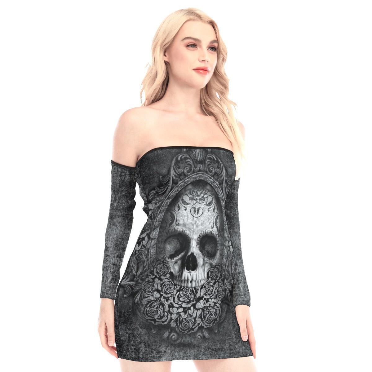 Gothic Mirror Skull Off-shoulder Back Lace-up Dress - Wonder Skull