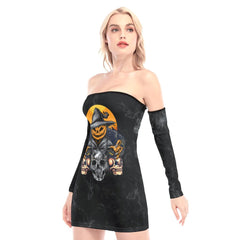 Scary Pumpkin And Skull Off-shoulder Back Lace-up Dress - Wonder Skull