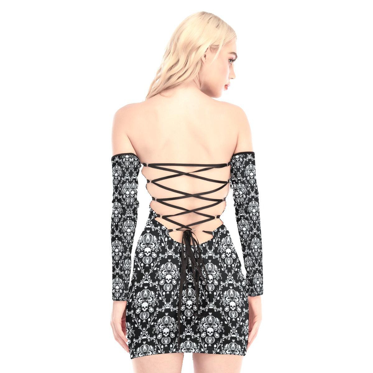 Gothic Skull Ornament Off-shoulder Back Lace-up Dress - Wonder Skull