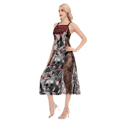 Pink Gothic Skull Pattern Lace Cami Cross Back Women Dress - Wonder Skull