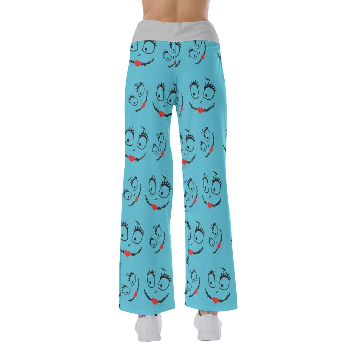 Nightmare Blue Face Pattern Pajama Pants Print Drawstring Palazzo Lounge - Wonder Skull