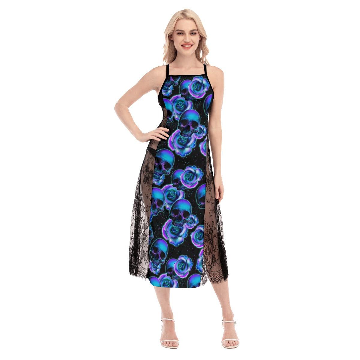 Hot Skull Pattern Lace Cami Cross Back Women Dress - Wonder Skull