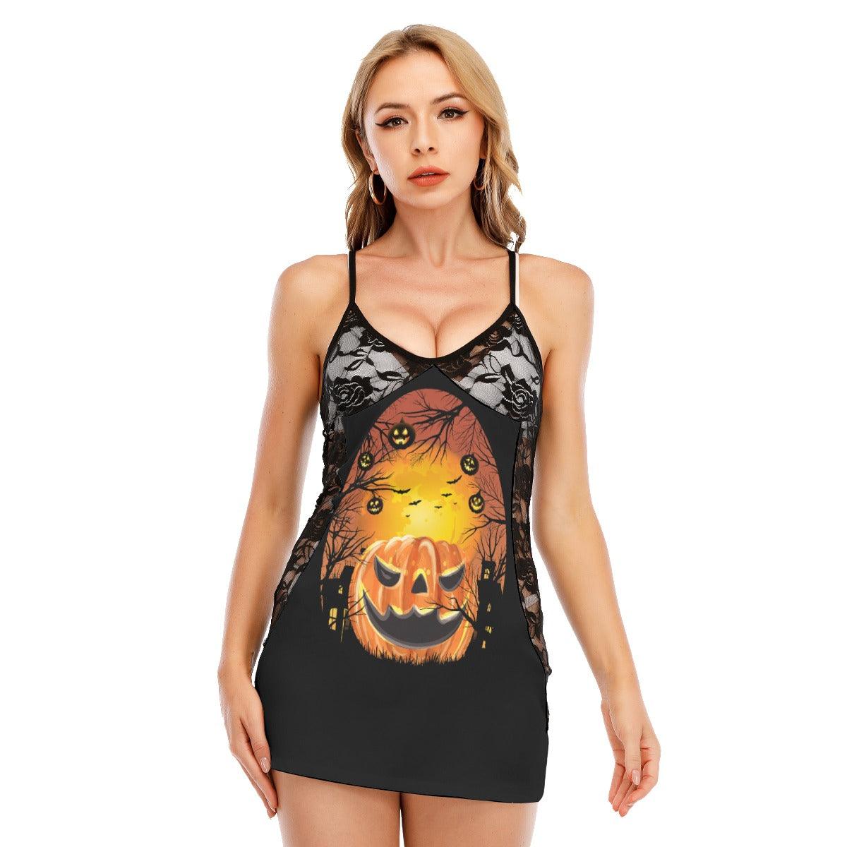 Halloween Orange & Black Pumpkin All-Over Print Women Black Lace Cami Dress, Slay Nightwear For Women - Wonder Skull