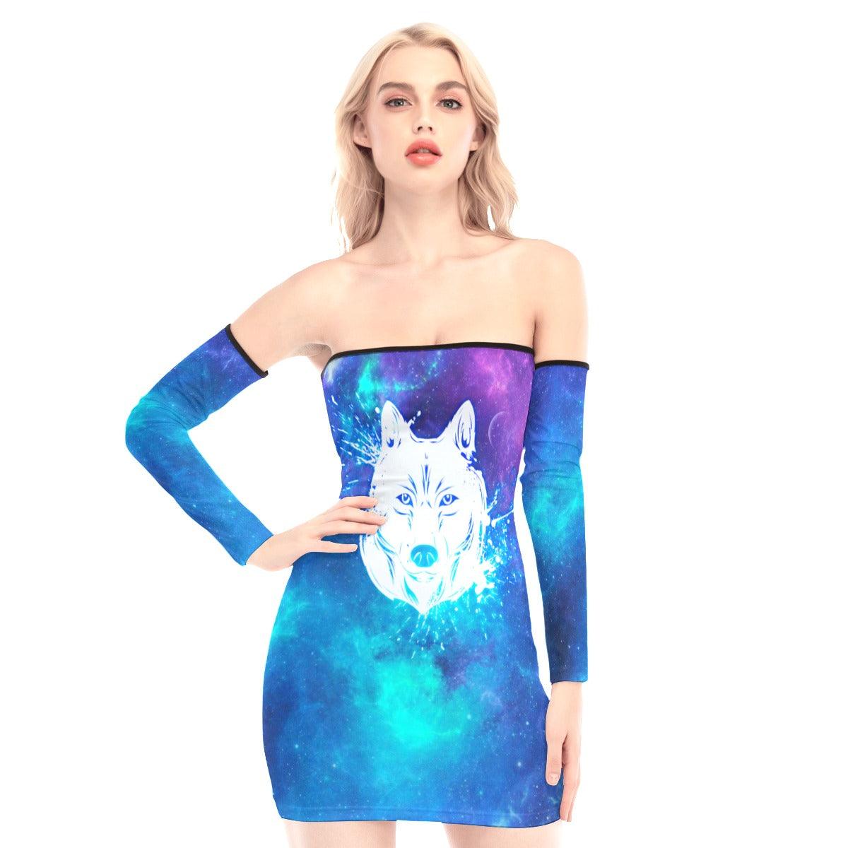 Glowing Wolf Off-shoulder Back Lace-up Dress - Wonder Skull