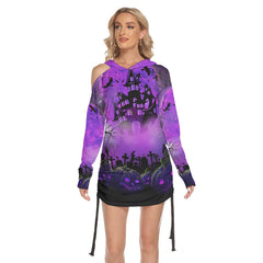 Halloween Castle Night All Over Print Women One Shoulder Dress With Waist Shirring, Pumpkin Long Hoodie For Women - Wonder Skull