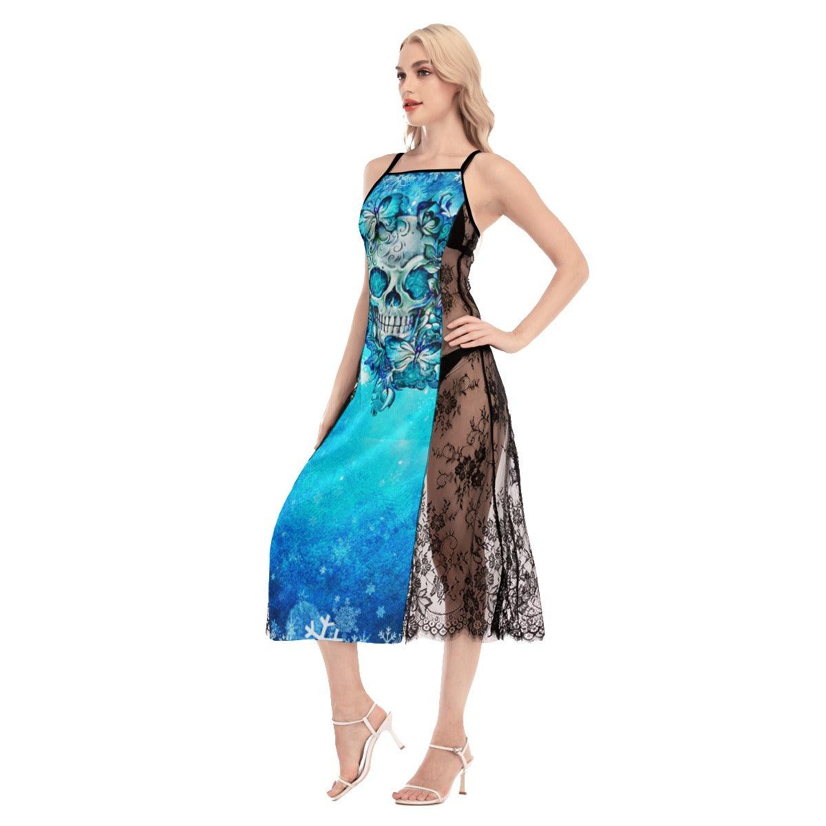 Hot Blue Gothic Skull Butterfly Lace Cami Cross Back Women Dress - Wonder Skull