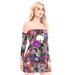 Colorful Flowers Skull Off-shoulder Back Lace-up Dress - Wonder Skull