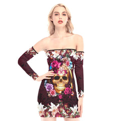 Wine Berry Flower Skull Off-shoulder Back Lace-up Dress - Wonder Skull