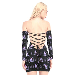 Holography Wolf Pattern Off-shoulder Back Lace-up Dress - Wonder Skull