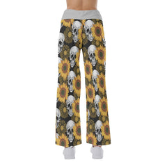 Skull Flower Pattern Pajama Pants Print Drawstring Palazzo Lounge - Wonder Skull