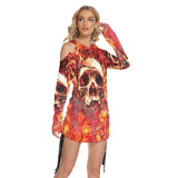 Skull Fire Heaven All Over Print Women One Shoulder Dress With Waist Shirring, Long Hoodie For Women - Wonder Skull