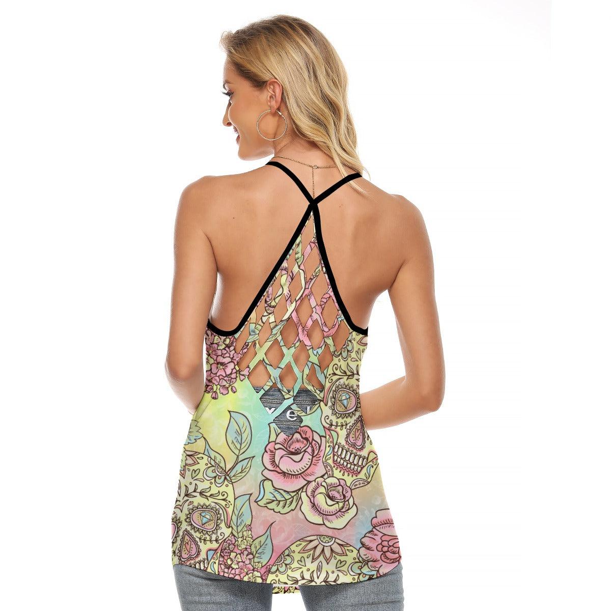Vintage Sugar Skull Criss-Cross Open Back Tank Top, Coolest T-Shirt For Women - Wonder Skull