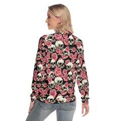 Pink Skull Rose Pattern Slim Round Neck Sweatshirt - Wonder Skull