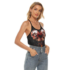 Gothic Skull Fire Criss-Cross Open Back Tank Top, Hot T-Shirt For Women - Wonder Skull