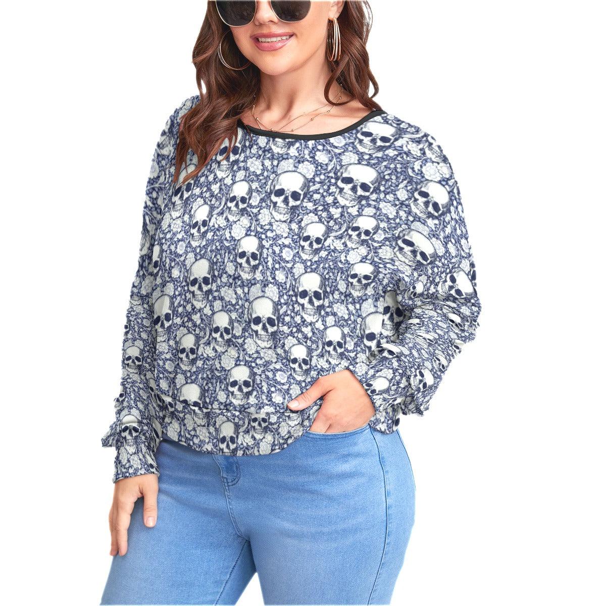 Skull Floral Backless Sweatshirt With Bat Sleeve - Wonder Skull