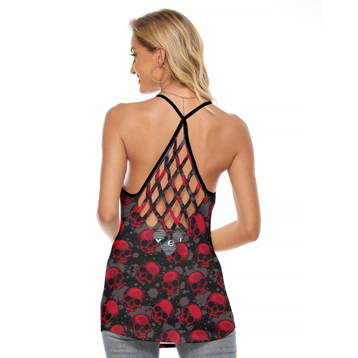 Black Red Camo Skull Criss-Cross Open Back Tank Top, Trending T-Shirt For Women - Wonder Skull