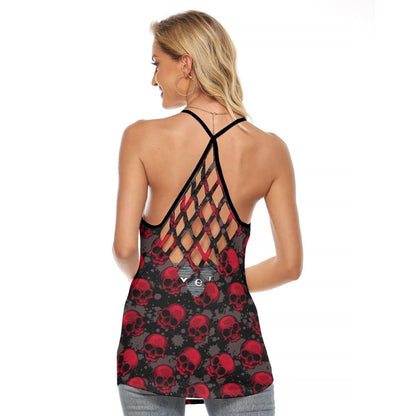 Black Red Camo Skull Criss-Cross Open Back Tank Top, Trending T-Shirt For Women - Wonder Skull