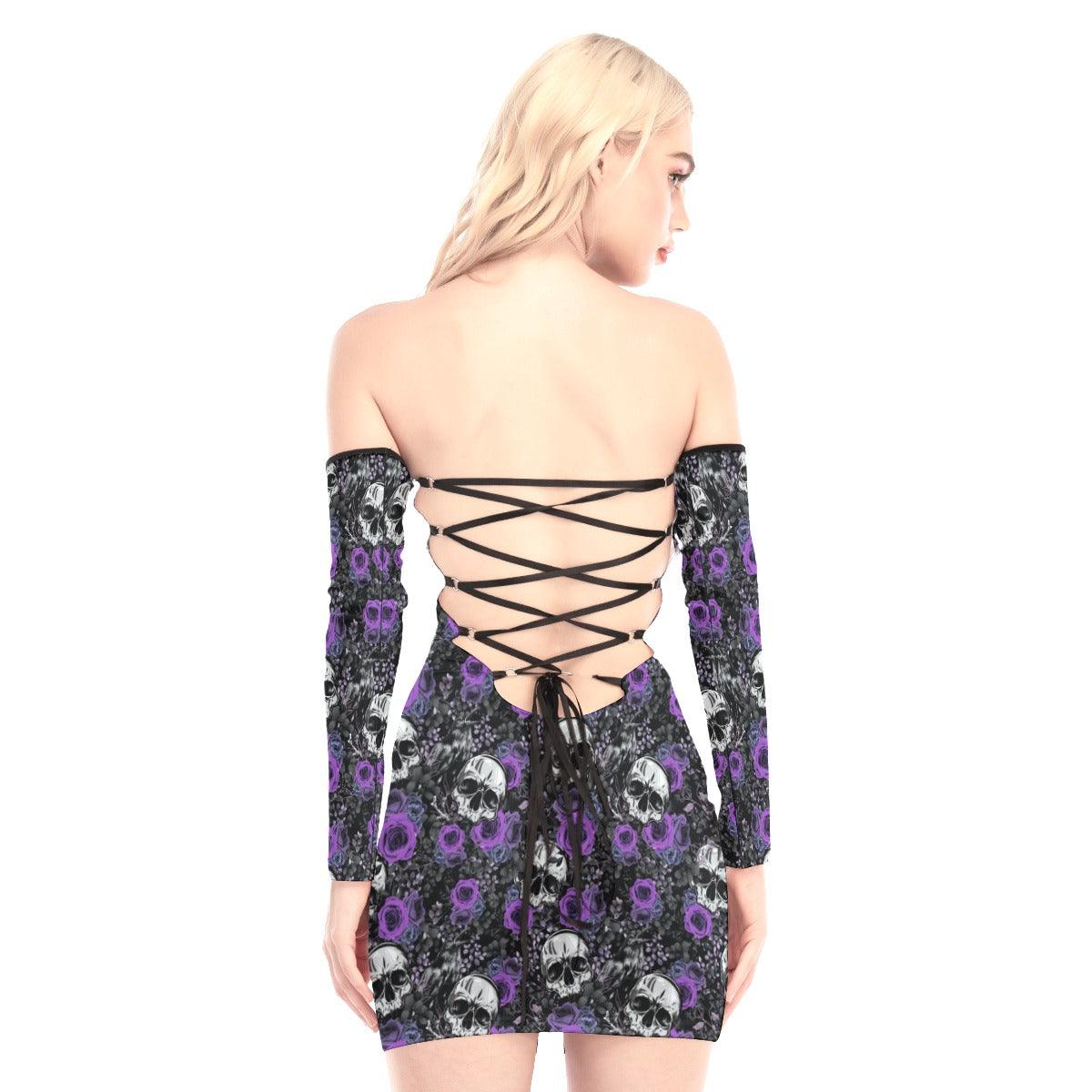 Lavender Rose Skull Off-shoulder Back Lace-up Dress - Wonder Skull