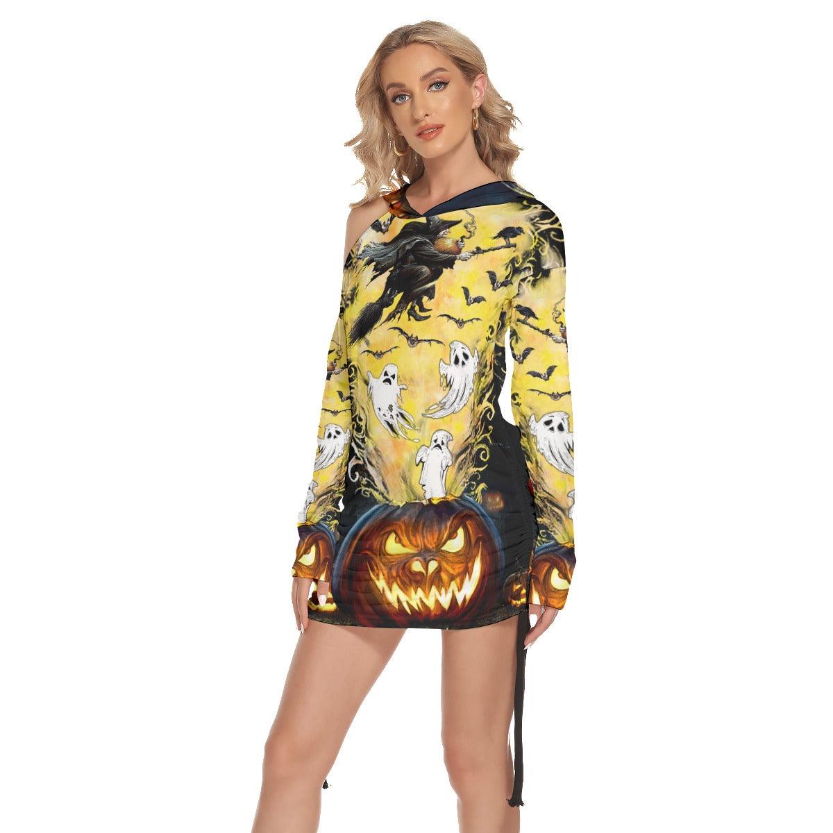 Halloween Witchy Boo All Over Print Women One Shoulder Dress With Waist Shirring, Long Hoodie For Women - Wonder Skull