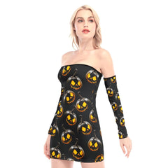 Dark Scary Pumpkin Off-shoulder Back Lace-up Dress - Wonder Skull