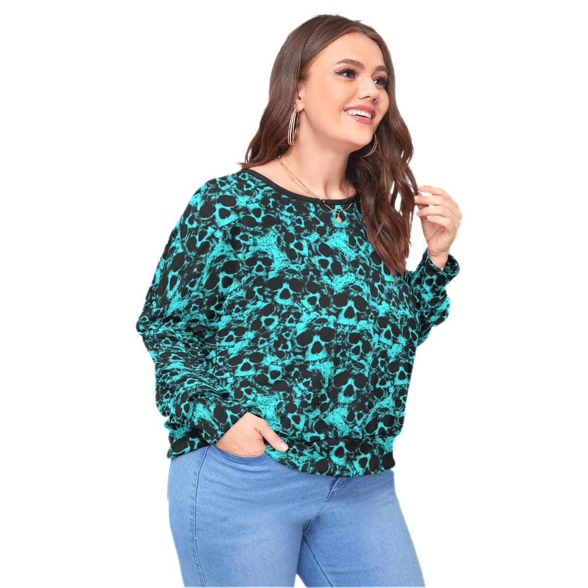 Cyan Chaotic Skull Backless Sweatshirt With Bat Sleeve - Wonder Skull