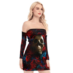 Skull Rose Red Blue Gothic Off-shoulder Back Lace-up Dress - Wonder Skull