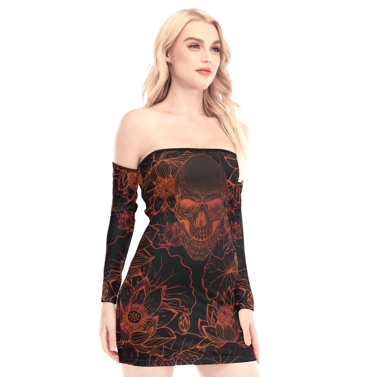 Brown Skull Lotus Off-shoulder Back Lace-up Dress - Wonder Skull