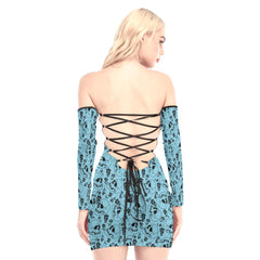 Pastel Blue Skull Off-shoulder Back Lace-up Dress - Wonder Skull