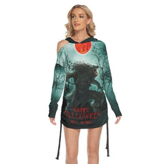 Wolfloween All Over Print Women One Shoulder Dress With Waist Shirring, Long Hoodie For Women - Wonder Skull