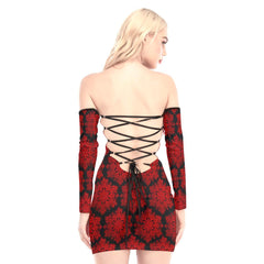 Red Mandala Skull Rose Off-shoulder Back Lace-up Dress - Wonder Skull