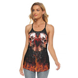 Gothic Skull Fire Criss-Cross Open Back Tank Top, Hot T-Shirt For Women - Wonder Skull