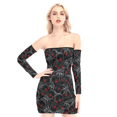 Scary Red Eyes Skull Off-shoulder Back Lace-up Dress - Wonder Skull