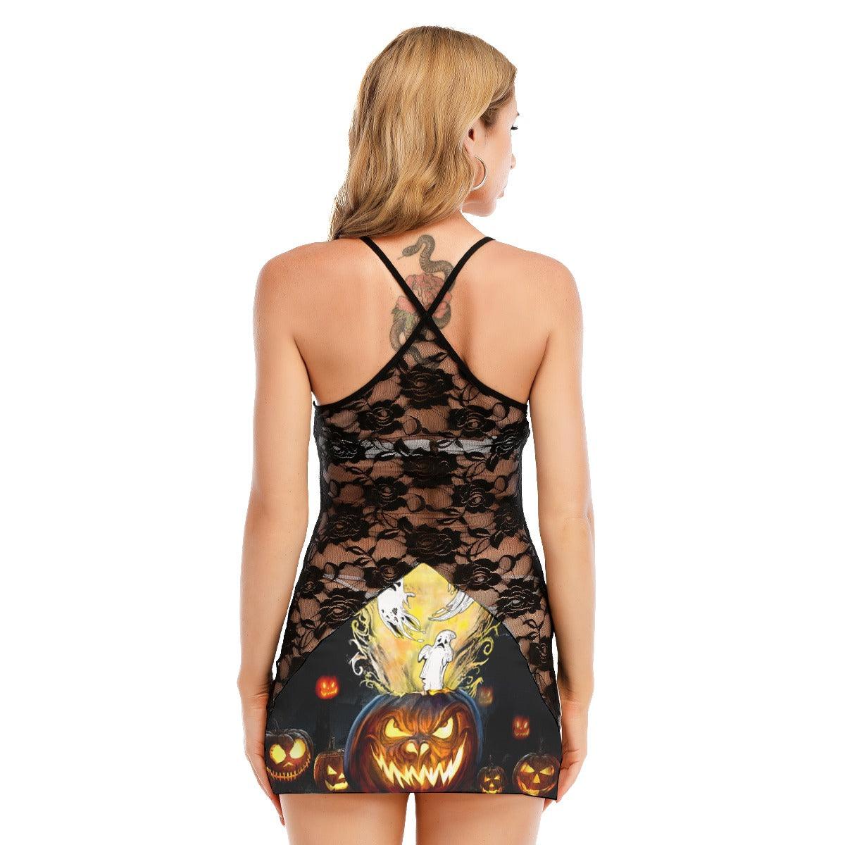 Horror Boo Pumpkin All-Over Print Women Black Lace Cami Dress, Sexy Sweet Dream Artwork Nightwear For Women - Wonder Skull