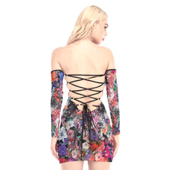 Colorful Flowers Skull Off-shoulder Back Lace-up Dress - Wonder Skull