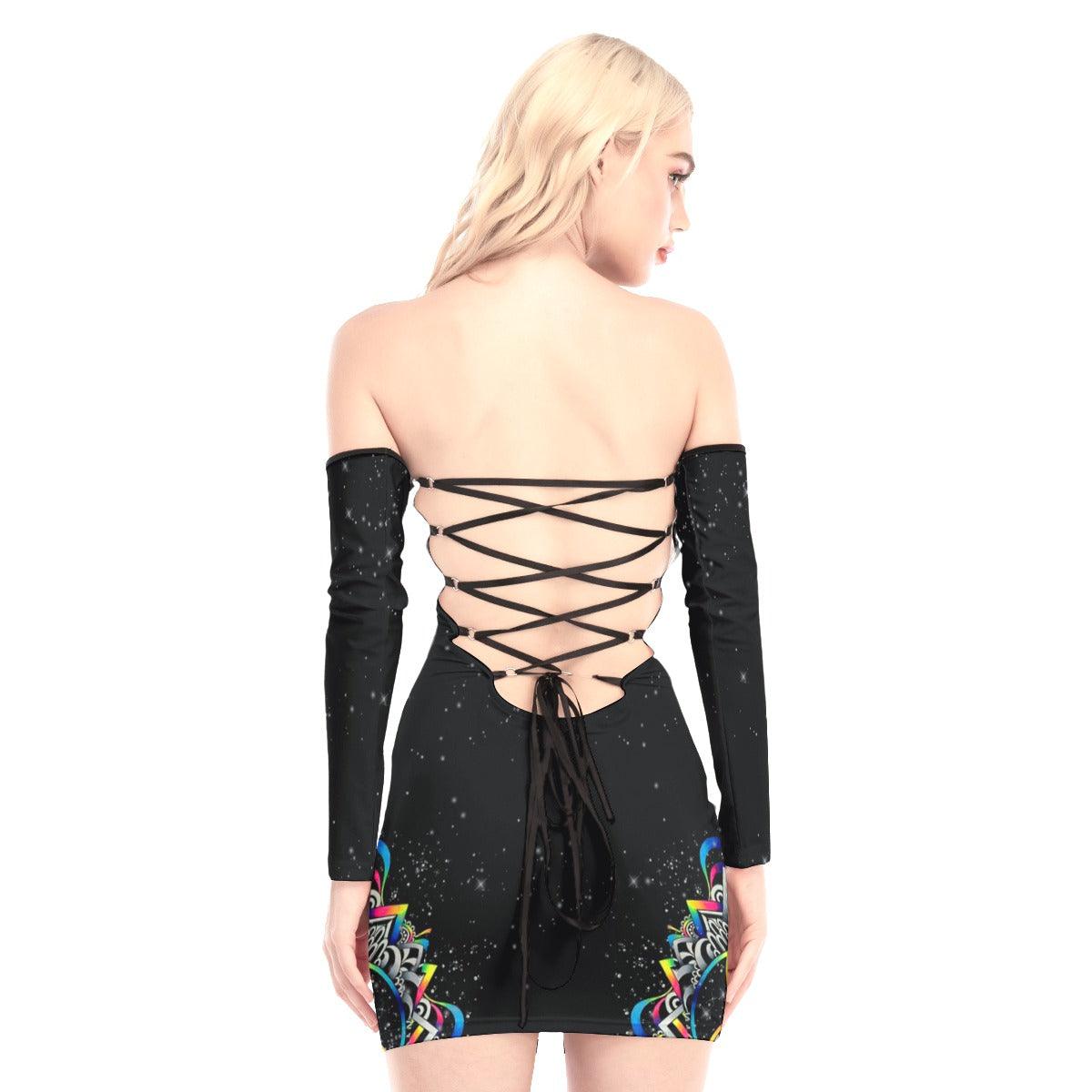 Colorful Mandala Skull Off-shoulder Back Lace-up Dress - Wonder Skull