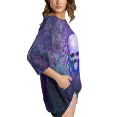 Purple Skull Galaxy Sweatshirt With Irregular Pleated Hem - Wonder Skull