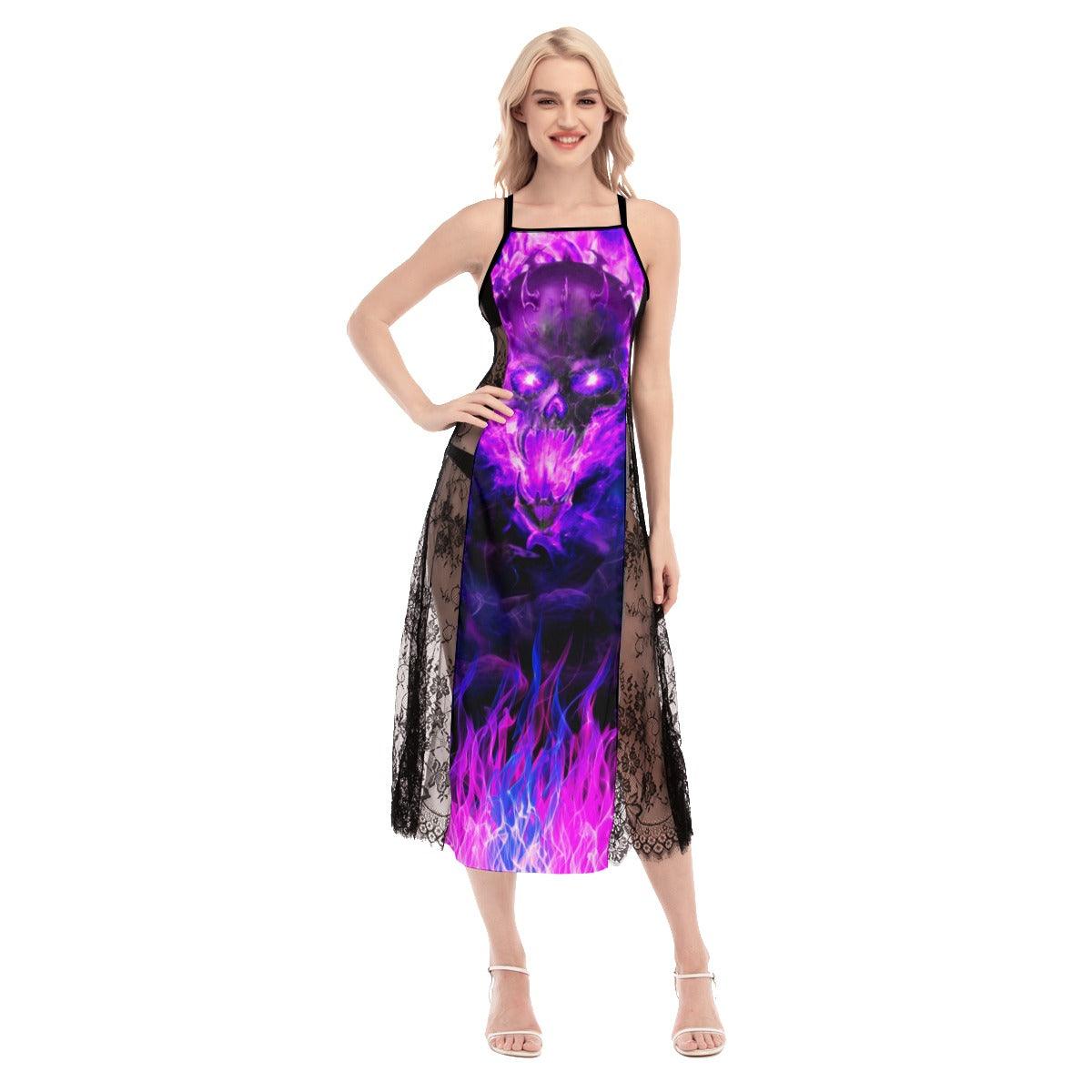 Hot Pink Gothic Skull Fire Lace Cami Cross Back Women Dress - Wonder Skull