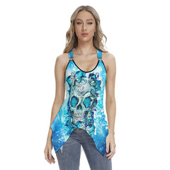 Blue Butterfly Skull Gothic Women's Racing Tank Top With Irregular - Wonder Skull