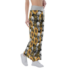 Skull Flower Pattern Pajama Pants Print Drawstring Palazzo Lounge - Wonder Skull