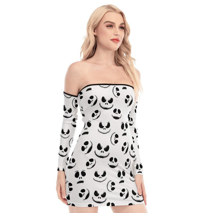 Nightmare White Pattern Off-shoulder Back Lace-up Dress - Wonder Skull