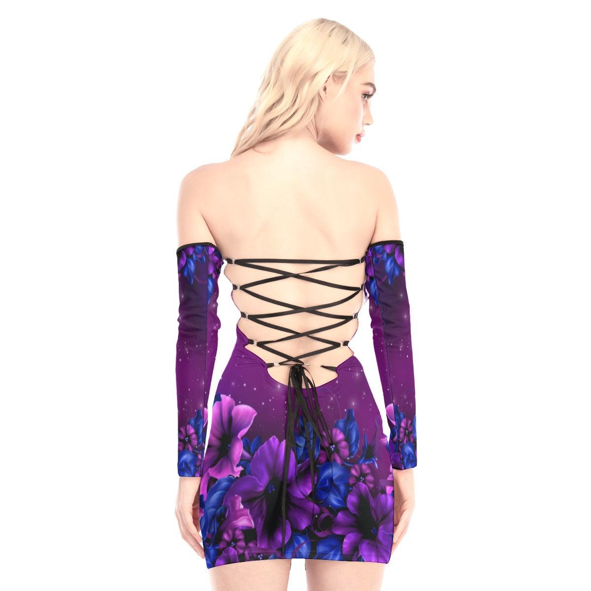 Purple Heart Butterfly Off-shoulder Back Lace-up Dress - Wonder Skull