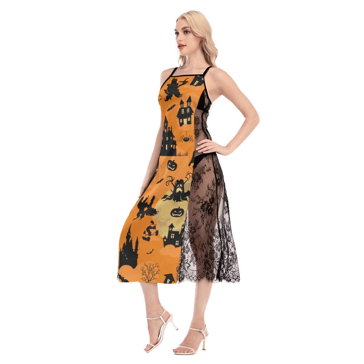 Halloween Castle Seamless All-Over Print Women Lace Cami Cross Back Dress, Gorgeous Nightgown - Wonder Skull