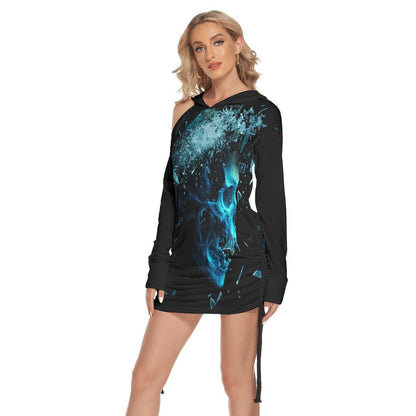 Skull Gothic Miror Broken All-Over Print Women One Shoulder Dress With Waist Shirring, Hot Long Hood - Wonder Skull
