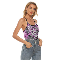 Pink Sugar Skull Butterfly Criss-Cross Open Back Tank Top, Coolest T-Shirt For Women - Wonder Skull