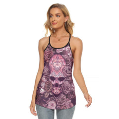 Vintage Pink Skull Gothic Rose Criss-Cross Open Back Tank Top, Trending T-Shirt For Women - Women Skull