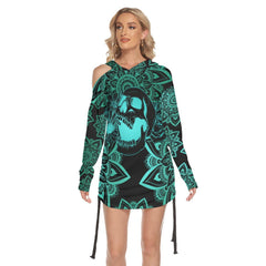 Lotus Mandala Cyan Skull Print Open Shoulder Dress - Wonder Skull