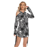 Halloween Skull Bat All-Over Print Women One Shoulder Dress With Waist Shirring, Hot Long Hoodie For Women - Wonder Skull