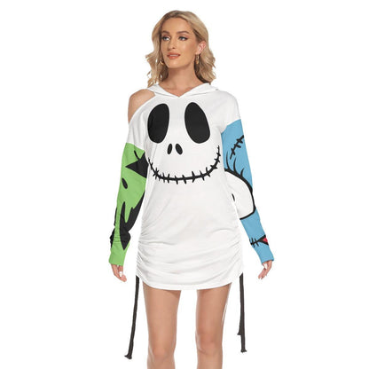 Nightmare Smile Open Shoulder Dress Hoodie - Wonder Skull