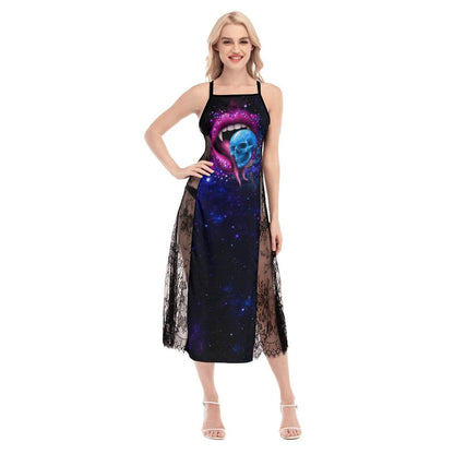 Hot Gothic Skull Lips Lace Cami Cross Back Women Dress - Wonder Skull