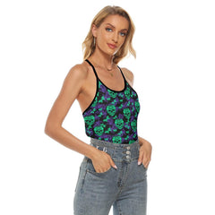 Green Purple Skull Paisley Butter Criss-Cross Open Back Tank Top, Coolest T-Shirt For Women - Wonder Skull